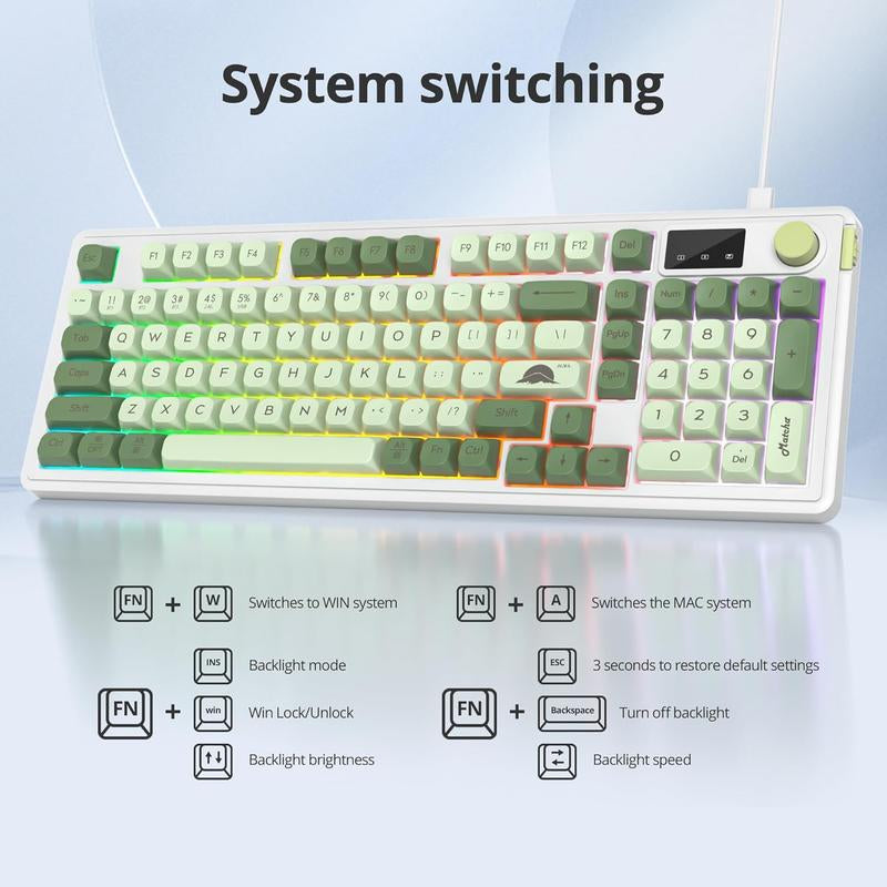 96% Matcha Green Keyboard with Number Pad Knob, 98 Silent Mechanical Feeling Membrane Creamy Gaming Keyboard 3-Mode Wired/ 5.0/2.4G for Win/(98 Matcha)