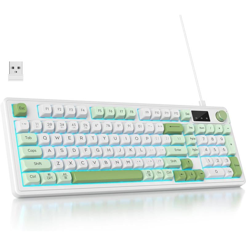 96% Matcha Green Keyboard with Number Pad Knob, 98 Silent Mechanical Feeling Membrane Creamy Gaming Keyboard 3-Mode Wired/ 5.0/2.4G for Win/(98 Matcha)