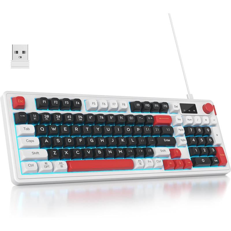 96% Matcha Green Keyboard with Number Pad Knob, 98 Silent Mechanical Feeling Membrane Creamy Gaming Keyboard 3-Mode Wired/ 5.0/2.4G for Win/(98 Matcha)