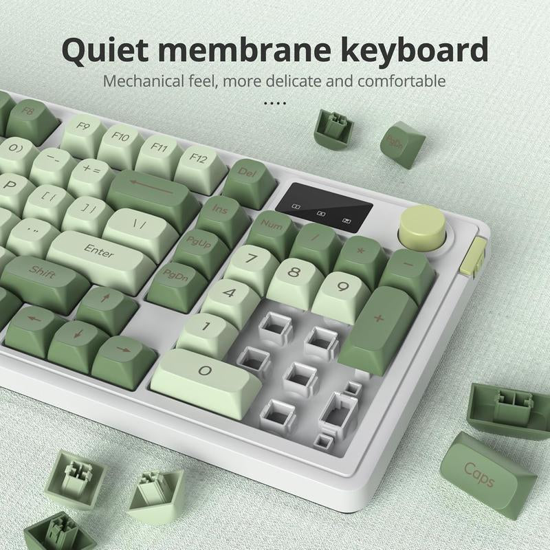 96% Matcha Green Keyboard with Number Pad Knob, 98 Silent Mechanical Feeling Membrane Creamy Gaming Keyboard 3-Mode Wired/ 5.0/2.4G for Win/(98 Matcha)