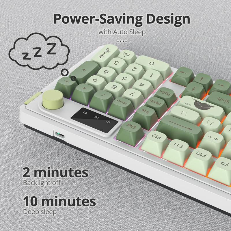 96% Matcha Green Keyboard with Number Pad Knob, 98 Silent Mechanical Feeling Membrane Creamy Gaming Keyboard 3-Mode Wired/ 5.0/2.4G for Win/(98 Matcha)