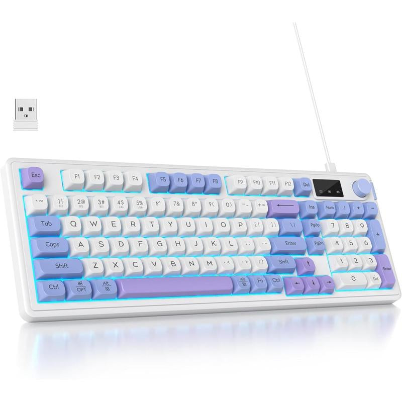 96% Matcha Green Keyboard with Number Pad Knob, 98 Silent Mechanical Feeling Membrane Creamy Gaming Keyboard 3-Mode Wired/ 5.0/2.4G for Win/(98 Matcha)