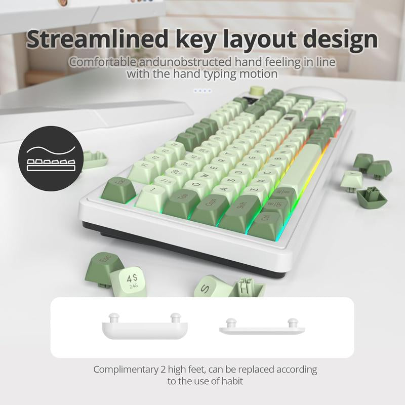 96% Matcha Green Keyboard with Number Pad Knob, 98 Silent Mechanical Feeling Membrane Creamy Gaming Keyboard 3-Mode Wired/ 5.0/2.4G for Win/(98 Matcha)