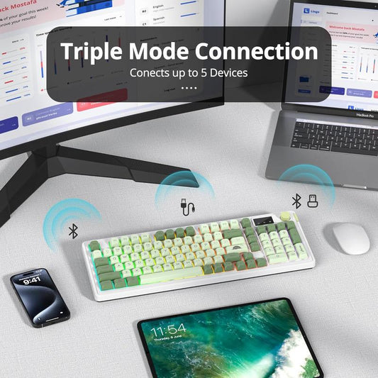 96% Matcha Green Keyboard with Number Pad Knob, 98 Silent Mechanical Feeling Membrane Creamy Gaming Keyboard 3-Mode Wired/ 5.0/2.4G for Win/(98 Matcha)