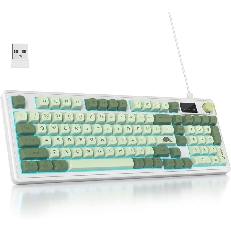 96% Matcha Green Keyboard with Number Pad Knob, 98 Silent Mechanical Feeling Membrane Creamy Gaming Keyboard 3-Mode Wired/ 5.0/2.4G for Win/(98 Matcha)